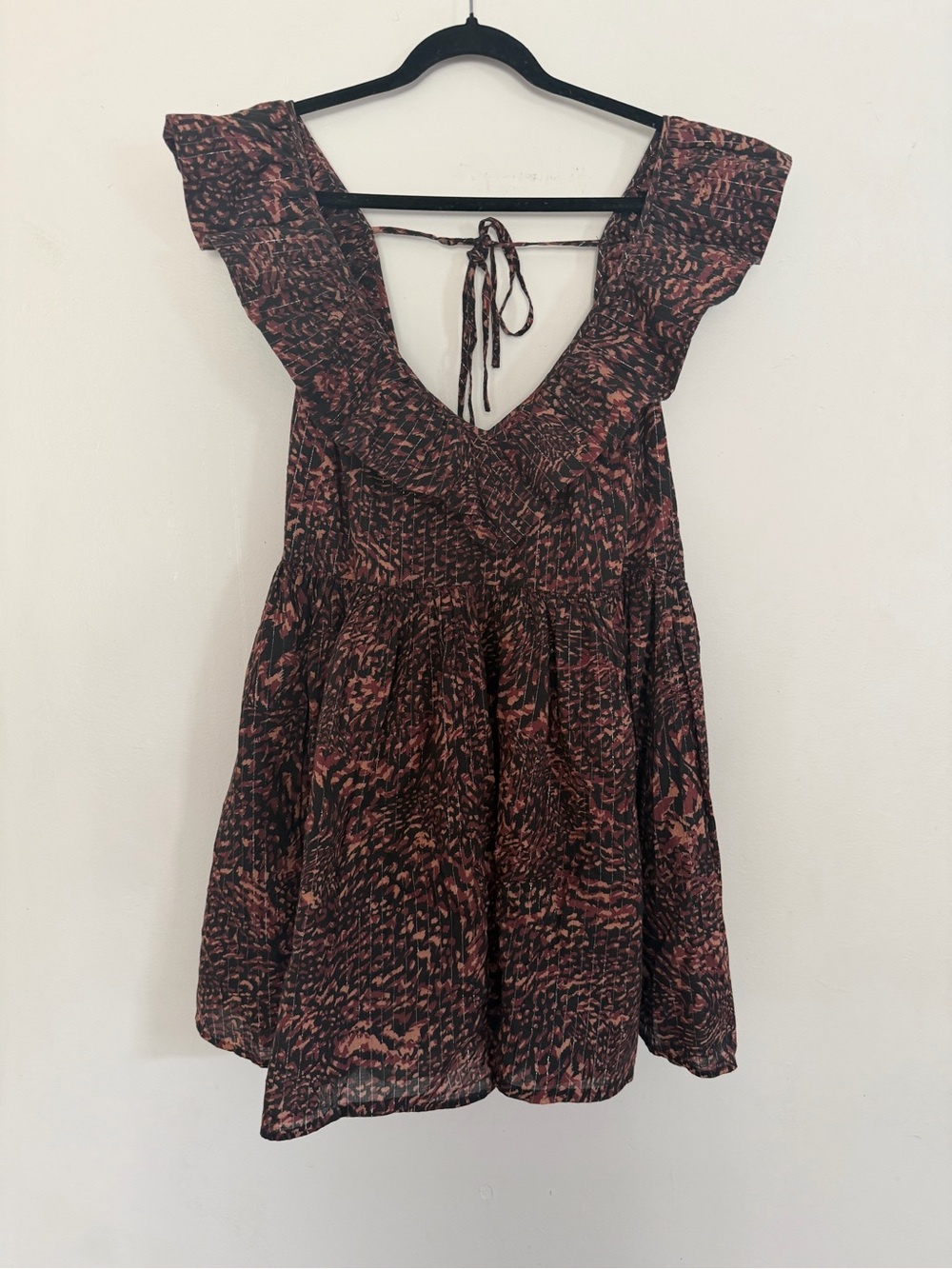 Anthropologie Printed Flutter Sleeve Open Back Babydoll Boho Mini Dress L cotton